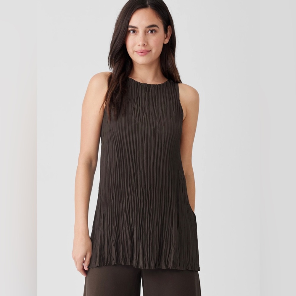 EILEEN FISHER Crinkle Stretch Silk Charmeuse Scoop Neck Seam Long Shell S